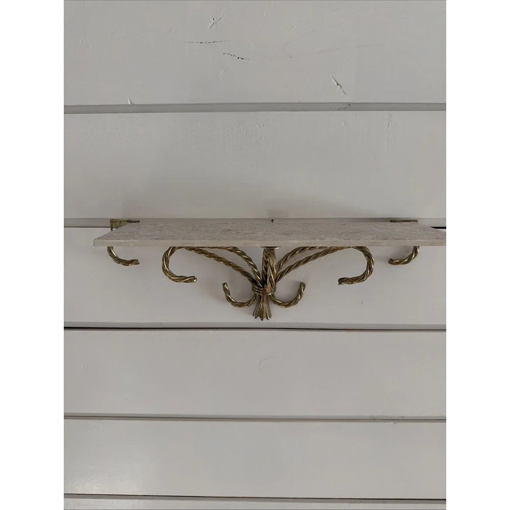 Vintage Metal Gold Brass Rope Shelf Rack with tile shelf